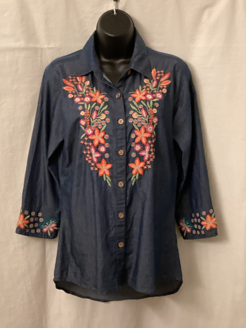 Parsley & Sage Navy Button-Up Blouse with Orange & Pink Floral Embroidery